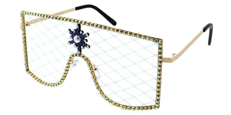 Grandes Lunettes fantaisie avec monture en métal cloutée et verres résille - assorties