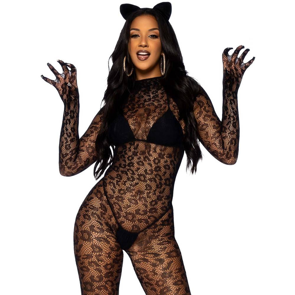 Gloved Leopard Catsuit - Black O.S