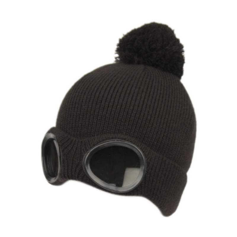 Winter Ski Beanie with Goggles and Sherpa Lining_black