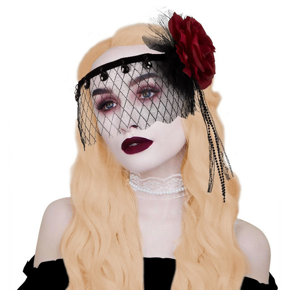 Black Mesh Headband With Red Flower, 20's, Burlesque
