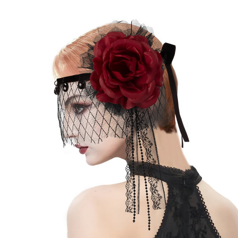 Black Mesh Headband With Red Flower, 20's, Burlesque