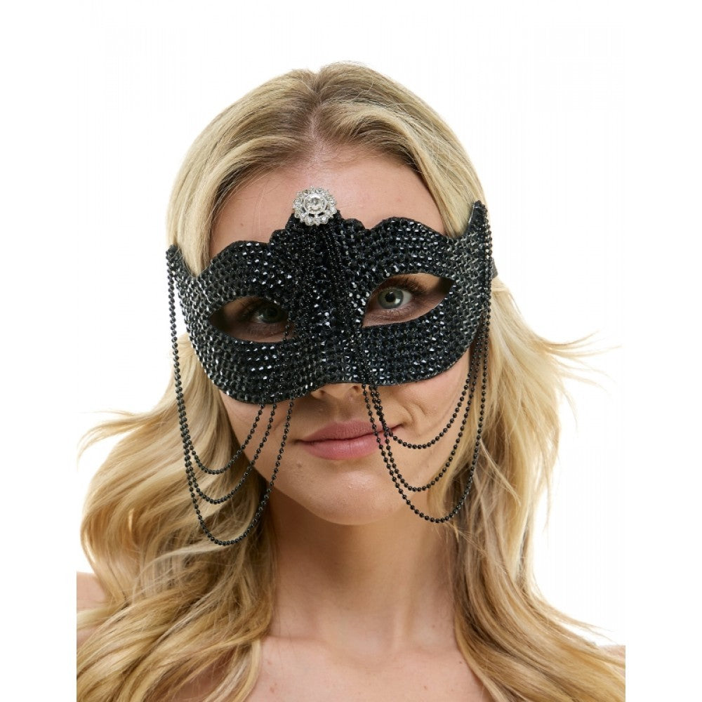 Black Rhinestone Half-Mask with Black Pearls,venetian
