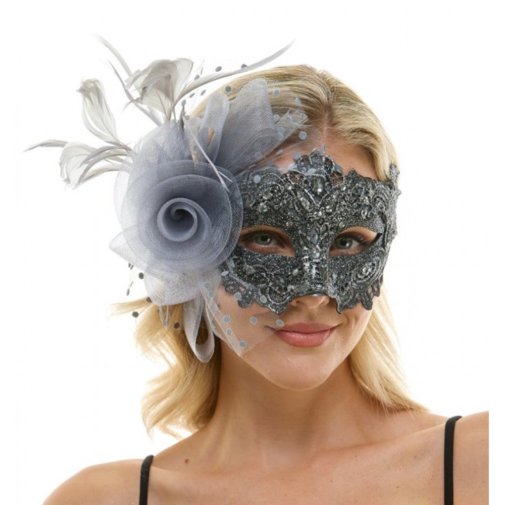 Venetian Lace Mask with Bow and Feather
