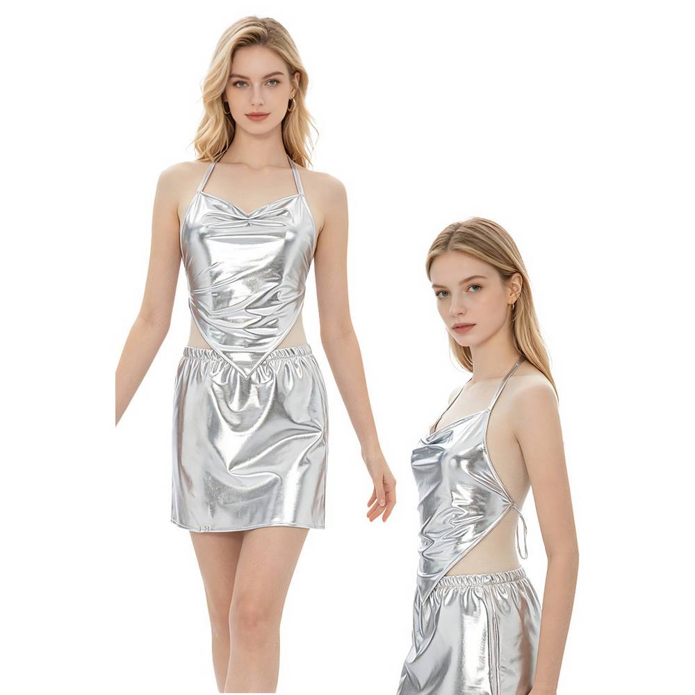 Silver Metallic Halter Top & Skirt Costume Set - adult