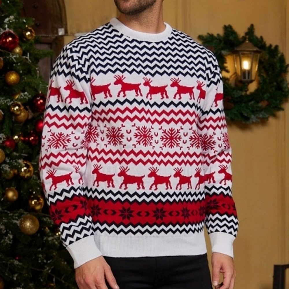 Men's Ugly Christmas Knit Sweater with reindeer and snowflake motifs