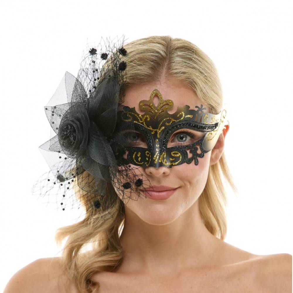 Masque vénitien à fascinateur avec fleur en tulle et paillettes