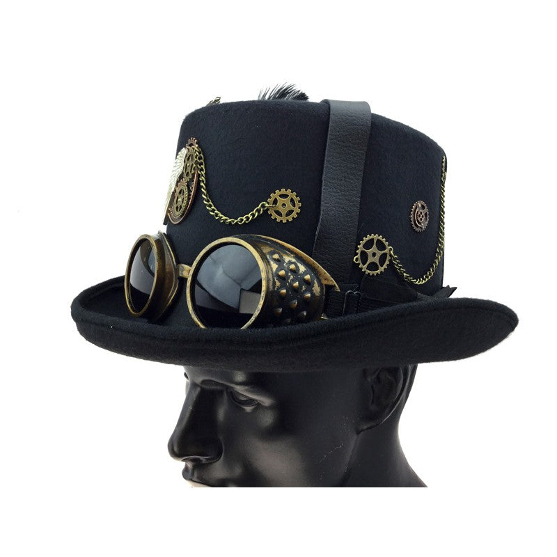 Steampunk Top Hat with feathers and goggles Hat027_2