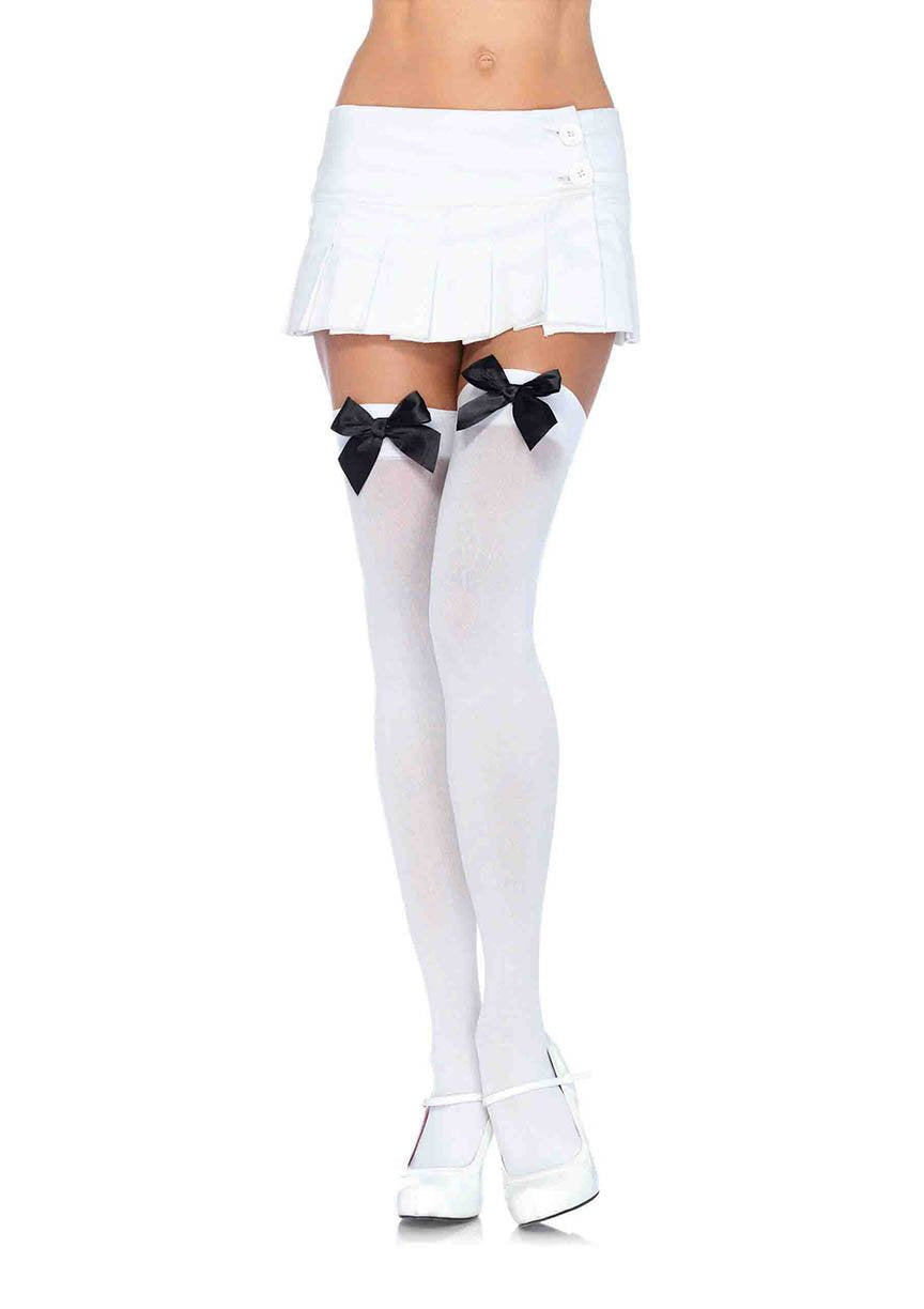 Nylon thigh highs over the knee with bow 6255_Opaque-Thigh-Highs_white-Black
