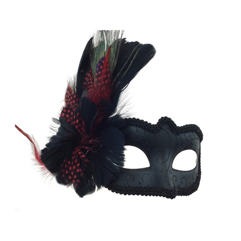 Venetian black mask with feathers and glitters M8334R_2