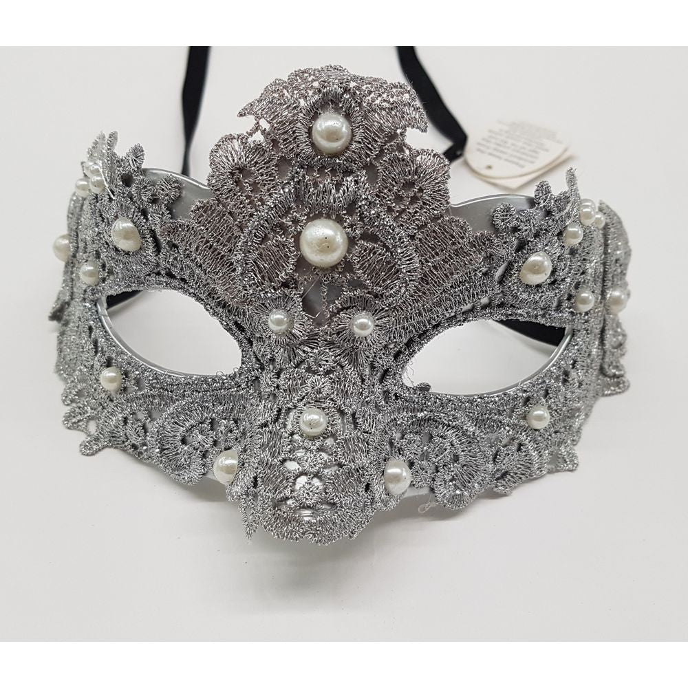 Venetian lace mask with pearls M3205Silver