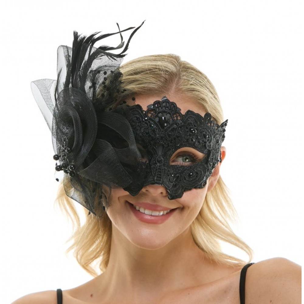 Masque vénitien féerique avec dentelles et ornement de fleurs