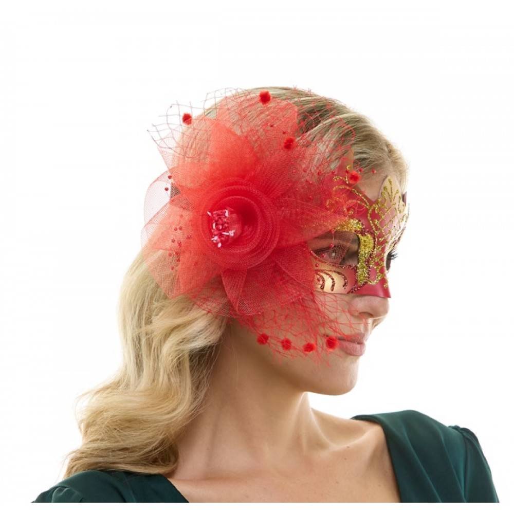 Masquerade Fascinator Mask with Tulle Flower & Glitter