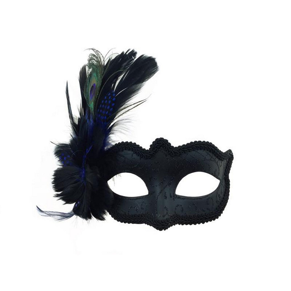 Venetian black mask with feathers and glitters M8334Blue-800x600