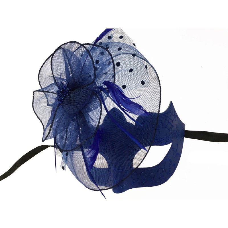 Masquerade Mask with feathers and tulle M33235BL_left
