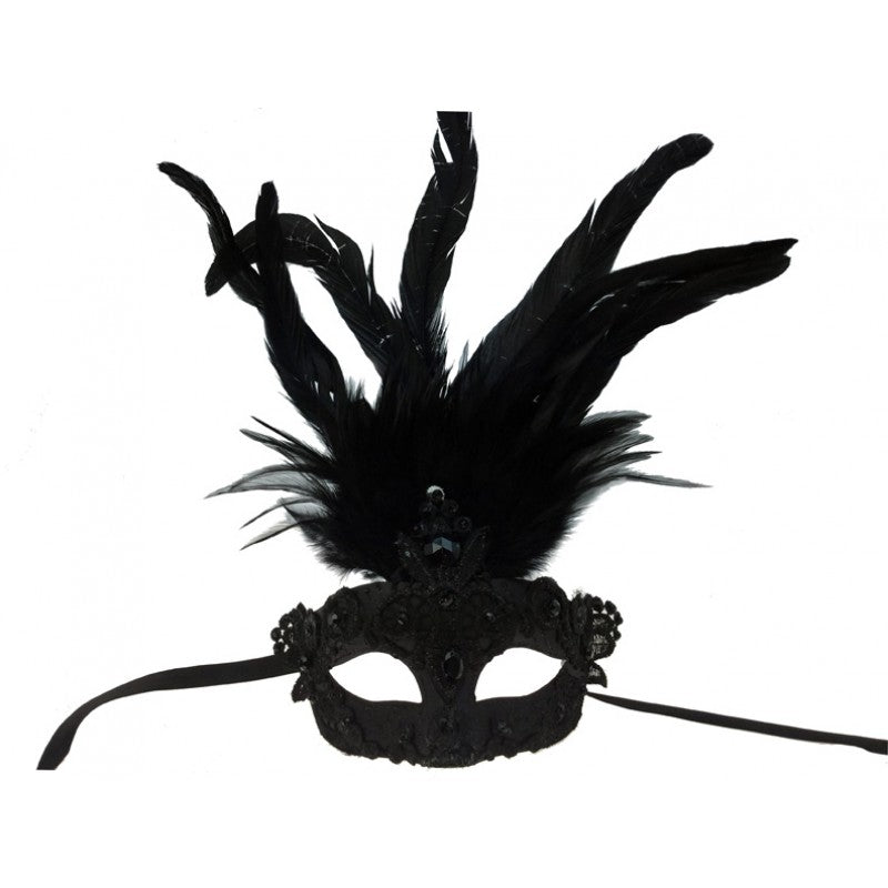 Venetian mask Black lace with feathers