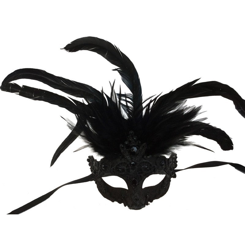 Venetian mask Black lace with feathers