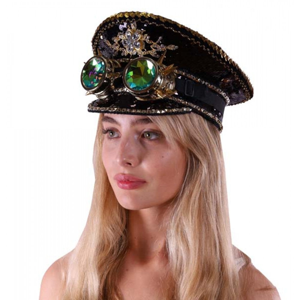 Black gold sequin Hat with goggles