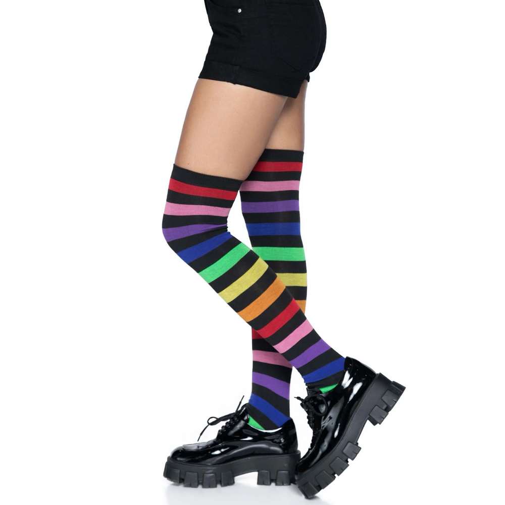 Acrylic Rainbow Stripe Thigh High Socks - O.S.
