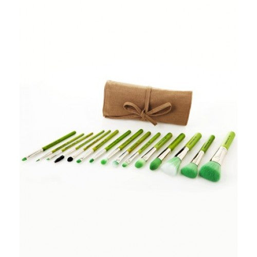 Green Bambu Complete 15pc Brush Set with Roll-up Pouch