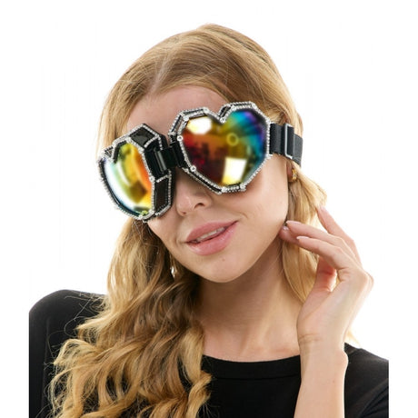 Heart Rhinestone Glasses With Rainbow Mirror Lenses