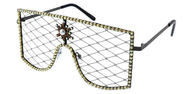 Grandes Lunettes fantaisie avec monture en métal cloutée et verres résille - assorties