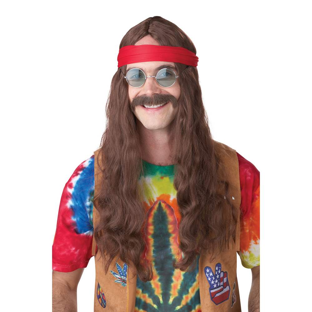 Hippie man wig & moustache - brown