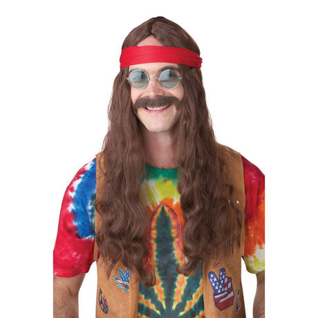 Hippie man wig & moustache - brown