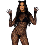 Gloved Leopard Catsuit - Black O.S