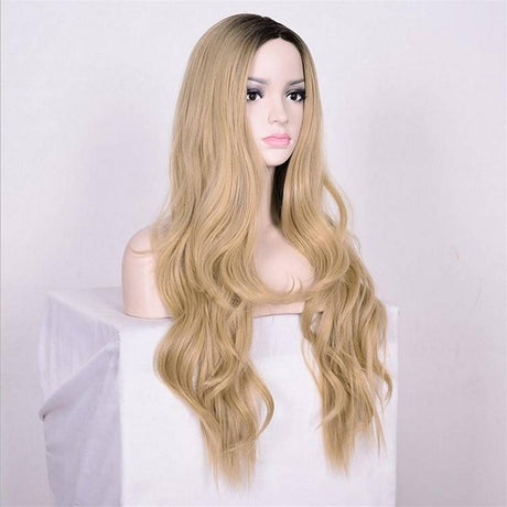 Long Dark Blond Weavy Wig With Black Root