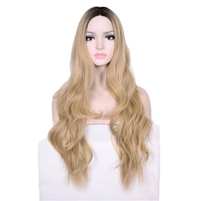 Long Dark Blond Weavy Wig With Black Root