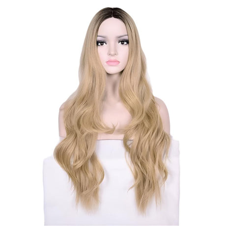 Long Dark Blond Weavy Wig With Black Root