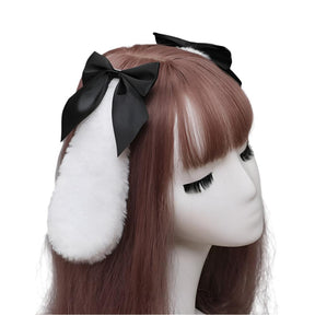 Bunny ears Hair Clips with bow - plush white rabbit