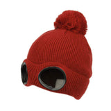 Winter Ski Beanie with Goggles and Sherpa Lining_b red