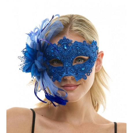 Masque vénitien fascinateur orné de dentelle, de pierres précieuses, de plumes et de paillettes