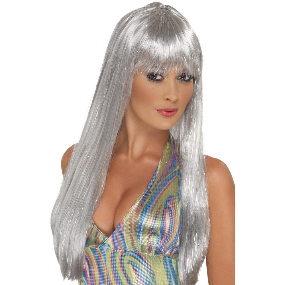 Glitter DISCO WIG with bangs - silver