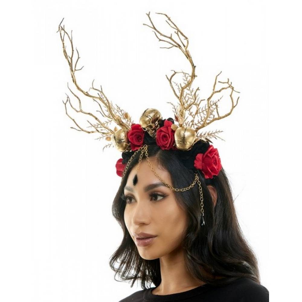 Goth Skull Headband with branches and flowers