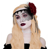 Black Mesh Headband With Red Flower, 20's, Burlesque
