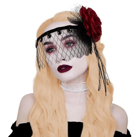 Black Mesh Headband With Red Flower, 20's, Burlesque