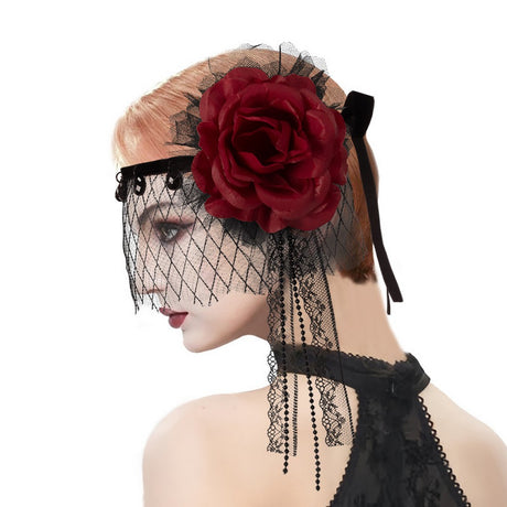 Black Mesh Headband With Red Flower, 20's, Burlesque