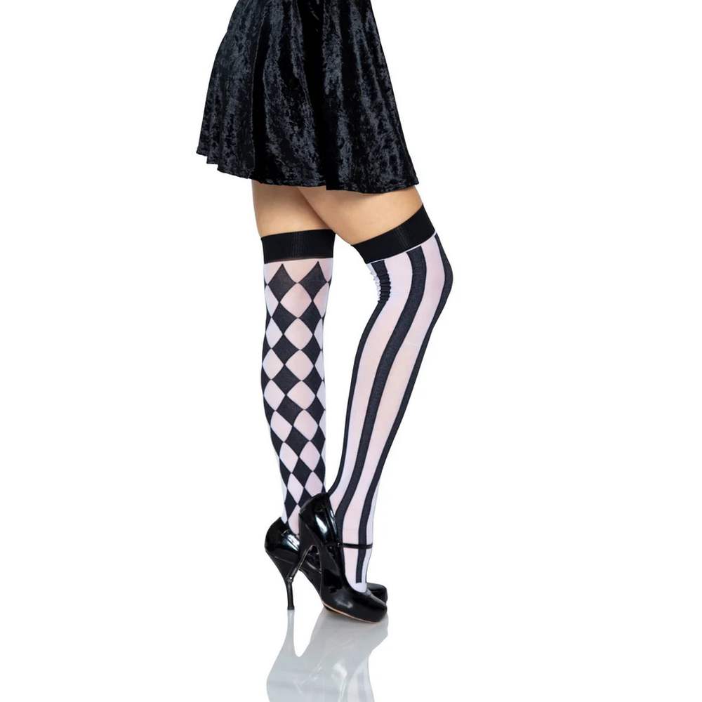Harlequin Thigh High Stockings - black and white