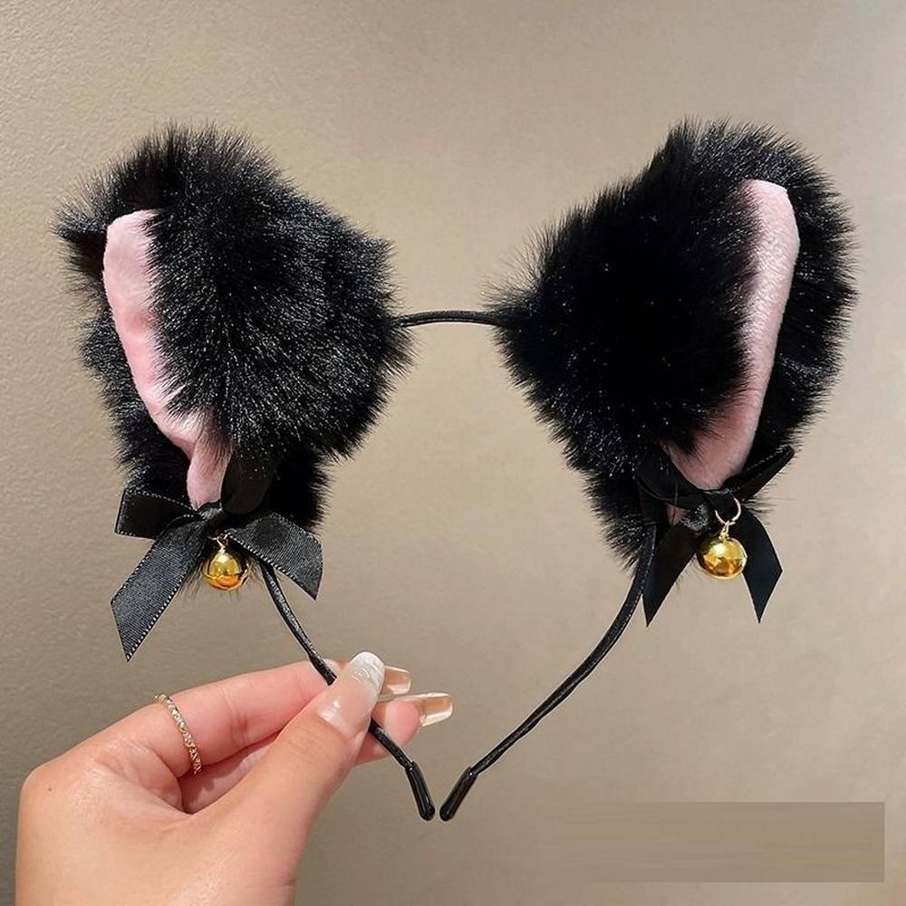 Serre tête avec oreilles poilues de chat, avec grelots dorés
