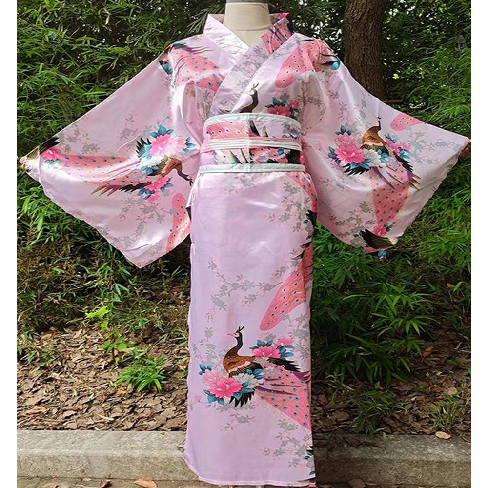 Peignoir kimono à motif floral et grues rose