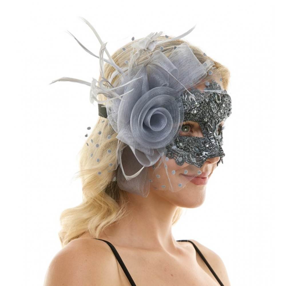 Venetian Mask with lace, Bow, flower detail, and Feathers For an Elegant Look