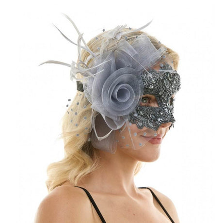 Venetian Mask with lace, Bow, flower detail, and Feathers For an Elegant Look