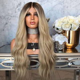 Long Ash Blond Weavy Wig With Black Top