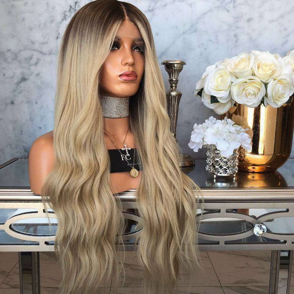 Long Ash Blond Weavy Wig With Black Top