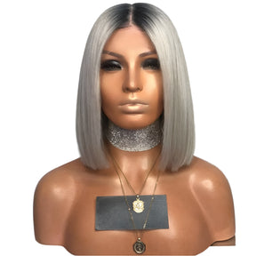 Natural Straight Bob Wig, Grey With Dark Root