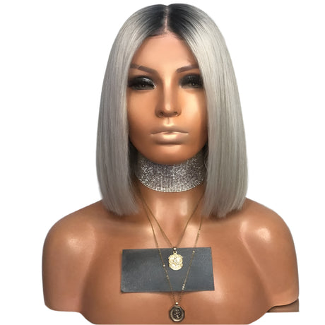 Natural Straight Bob Wig, Grey With Dark Root