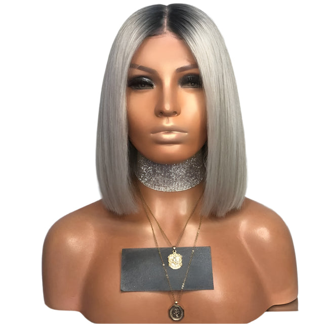 Natural Straight Bob Wig, Grey With Dark Root