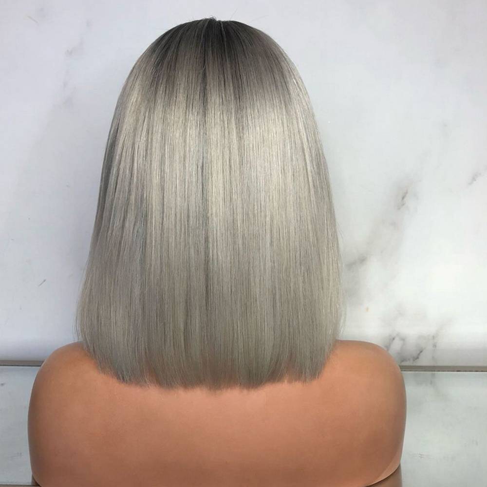 Natural Straight Bob Wig, Grey With Dark Root